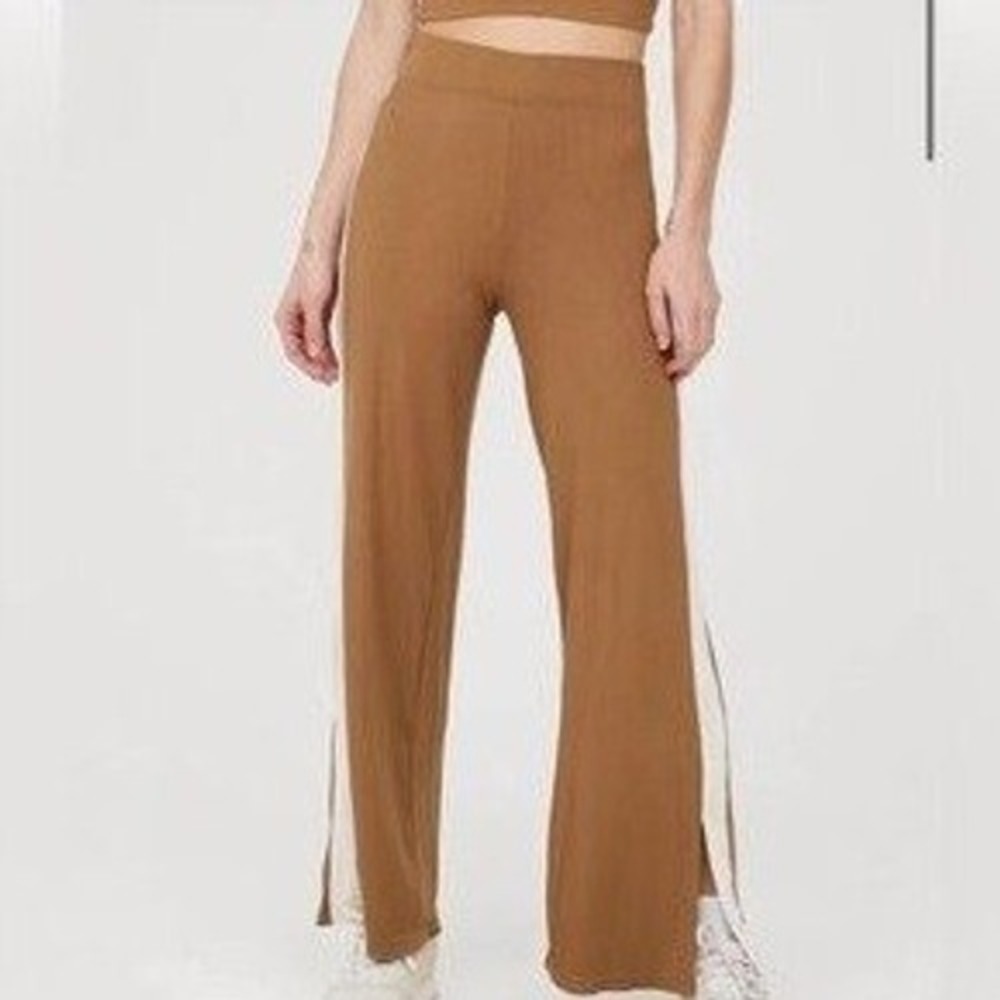 OFFLINE by Aerie Pants Medium Brown Ribbed Wide Leg Lounge Stripe